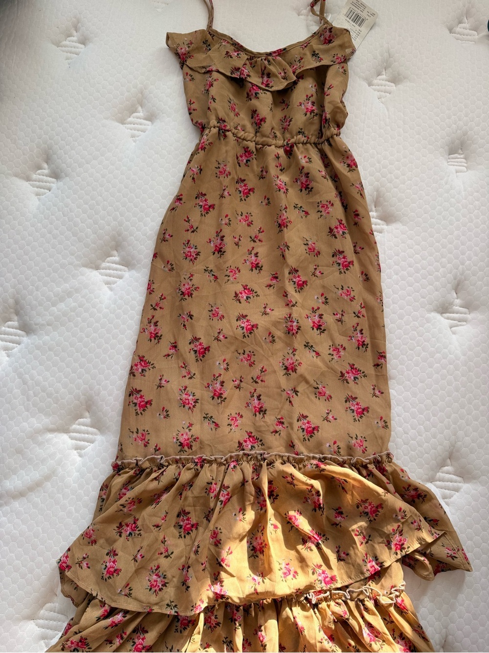Floral Ruffle Maxi Dress in Mustard with Pink Blooms coquette fairy - Picture 5 of 6